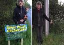 Sheila Biddlecombe with the sign before and after its removal