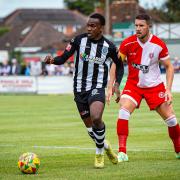 Shaq Gwengwe, left, scored his third goal in two games for Dorchester Town