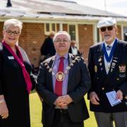 From left: Dominique Schafer, Blandford Mayor Cllr Hugo Mielville and bowls club president John Buckland