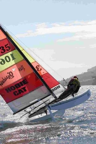 Weymouth based sailors Richard and Andrew Glover sailing their Hobie Cat.