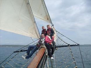 Passengers climbing the rigging of the TS Pelican. March 2010. Picture: Julie Cleaver.