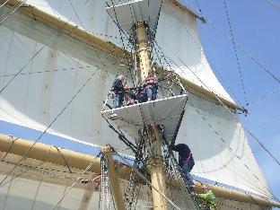 sengers climbing the rigging of the TS Pelican. March 2010. Picture: Julie Cleaver.