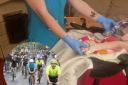 Main image: Better Care at Home carer providing care | Insert:  Cyclists during Ironman race