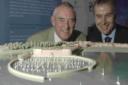 THAT WAS THEN: Borough councillor Geoff Petherick and Howard Holdings' Martin Jepson study a model of the Pavilion site scheme last October