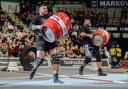 Weymouth's Shane Flowers, left, will make his World's Strongest Man debut tomorrow 		     Picture: GIANTS LIVE/DN4PHOTOGRAPHY