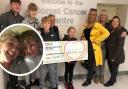 Amy's family and friends present a cheque from Quinfest to the Dorset Cancer Centre at Poole Hospital, inset, Amy and her son Hector