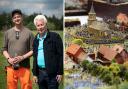 Ken Follett with Waterloo Uncovered's  Dr Stuart Eve and, right, Plancenoit village in miniature from the giant model Pictures: Chris Van Houts /Kerry Davis