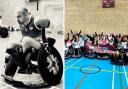 Eyan Naylor competing in wheelchair rugby (left) and a group photo (right)