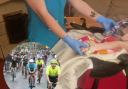 Main image: Better Care at Home carer providing care | Insert:  Cyclists during Ironman race