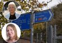 Rodwell Trail sign. Inset top: Cllr Clare Sutton. Inset bottom: Cllr Kate Wheller