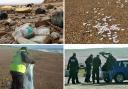 Clockwise from left: Pack of cigarettes found on Hengistbury Head, Cigarettes on Chesil Beach, police removing bags of cigarettes and a clean up of the beach in West Bexington