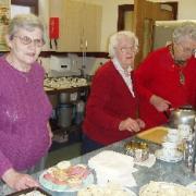 Beryl Robson, Jean Hooper and Freda Chatfield serving the teas and delicious cakes.