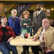 Pictured: (L-R) Blake Harrison as Medium Dan, Barbara Flynn as Councillor Bone, Brenda Blethyn as Kate, Okorie Chukwu as Koji and Victor McGuire as Mr Mullholland Picture: ITV/Hat Trick Productions/Kevin Baker