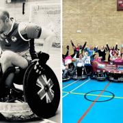 Eyan Naylor competing in wheelchair rugby (left) and a group photo (right)
