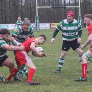 Dorchester's veteran prop Dave Cottell, red cap, scored a try at Sherborne