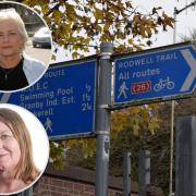 Rodwell Trail sign. Inset top: Cllr Clare Sutton. Inset bottom: Cllr Kate Wheller