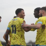 Malachi Linton, centre, scored a superb double for Weymouth at Aveley