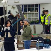 Eva Birthistle and Sarah Greene on a boat leaving Weymouth