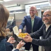 Lloyd Hatton and Lord Knight serve chips at the Marlboro for South Dorset election launch