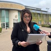 Sarah Robinson speaking outside Bournemouth Crown Court
