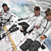 John Robertson, Hannah Stodel and Stephen Thomas compete in the Sonar as part of the British sailing team