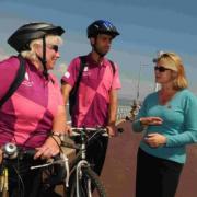 OUTSTANDING: Transport secretary Justine Greening chats with Olympic ambassadors Cordie Tett and Oliver Rendle during her visit to Weymouth
