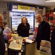 SUPPORT: MEP Ashley Fox, second right, with, from left, Cllr Ian Bruce, sales assistant Lisa Shuttle and Roger Costello at Mace News