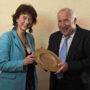 Jenny Goldsack from Goldy’s farm shop receives her award from John Timpson