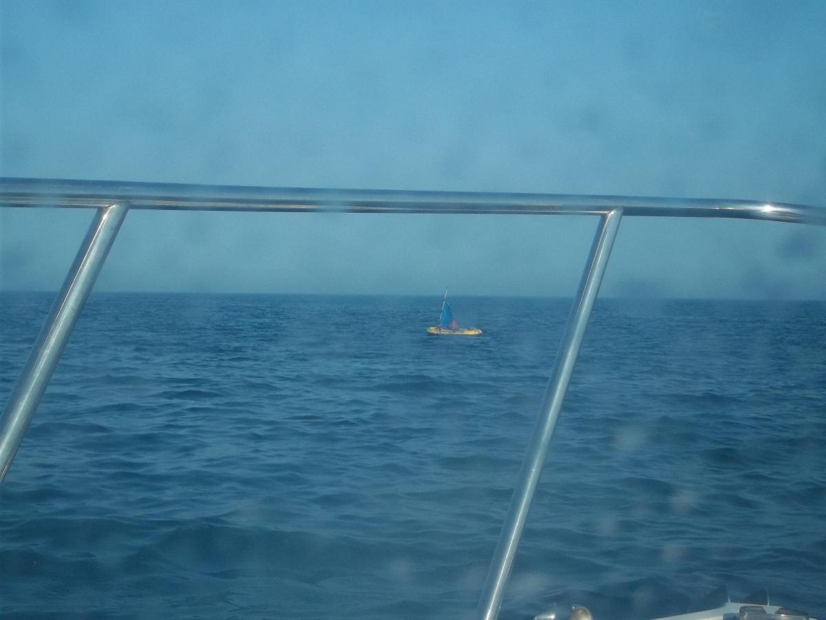 The X-Dream approaches the 6ft dinghy, three nautical miles from Durdle Door.
PLEASE NOTE - PICTURES NOT AVAILABLE TO BUY