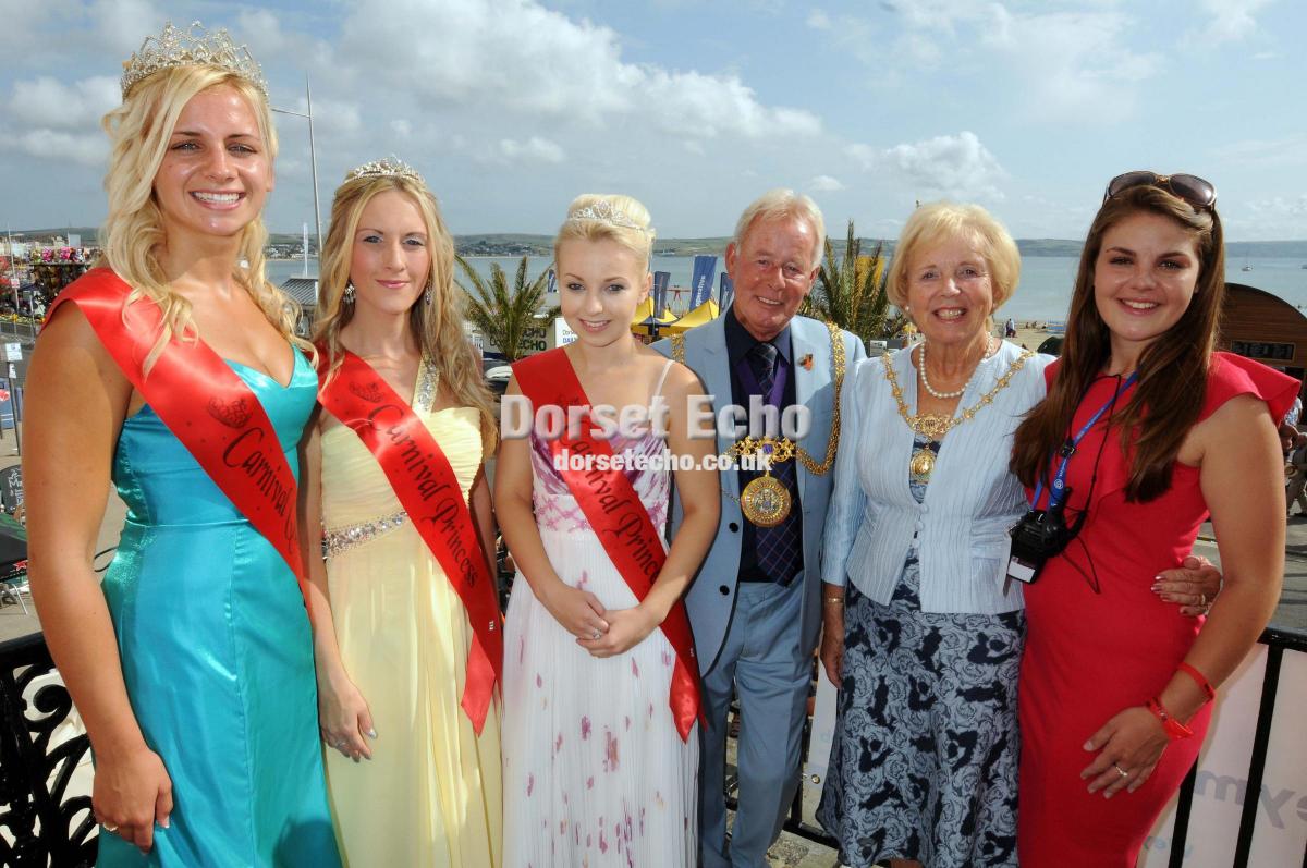 Carnival Queen Gina Hartley, left, with princess attendants Sarah Flann and Victoria Hope, mayor Ray Banham, mayoress Pam Nixon and carnival chairman Lucy Compton