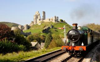 A Swanage Railway steam train chuffs by the ruins of Corfe Castle. Photo: Martyn Evans/Alamy Stock Photo
