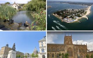 Clockwise from left: Sutton Poyntz, Sandbanks, Sherborne Abbey and Queen Mother Square