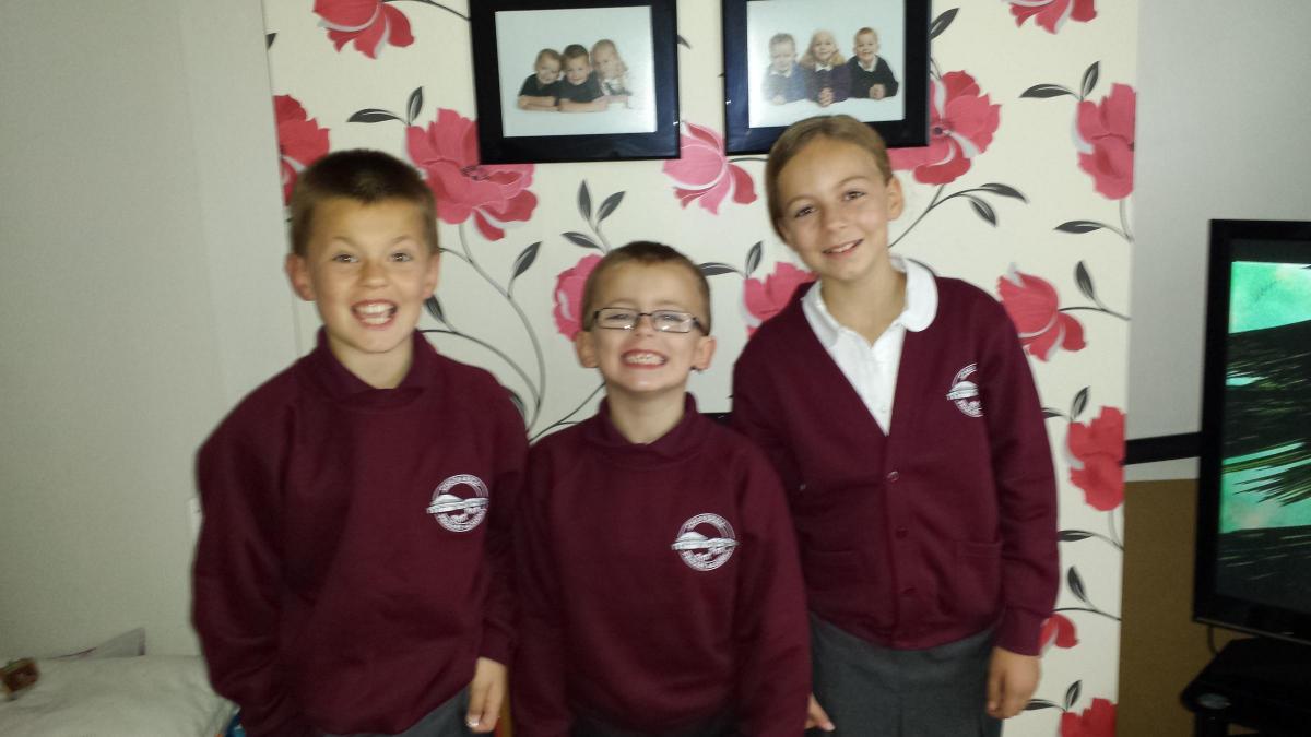 Back to School - Briony-Mai, Tristan and Caleb Green on their first day back at Chickerell Primary Academy. Picture by Tasha Green