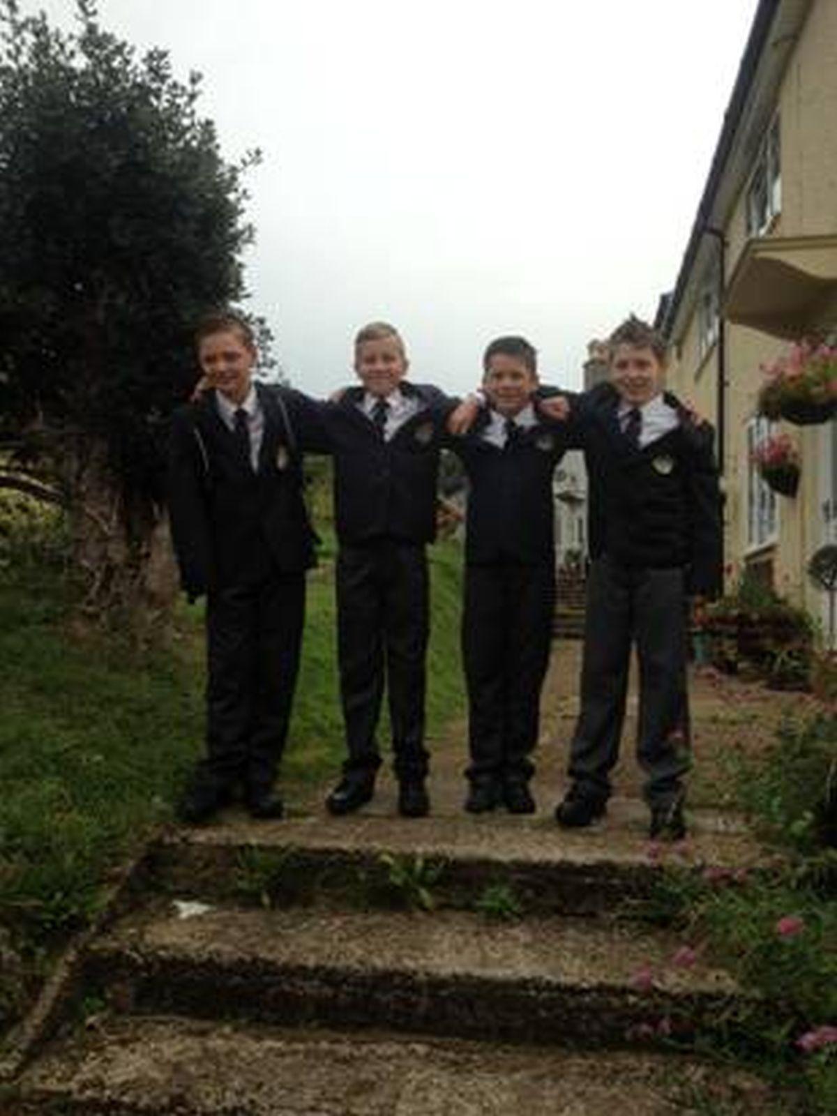 Back to School - Mikey, Connor, Nate and Ben, all from Charmouth, on their way to their first day at Woodroffe School in Lyme Regis.
