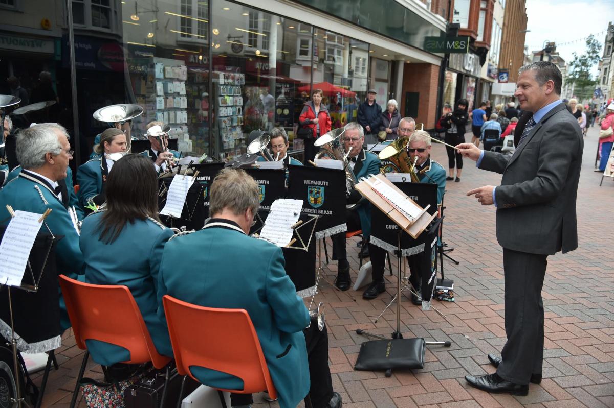 Weymouth Concert Brass Band playing in St Mary Street