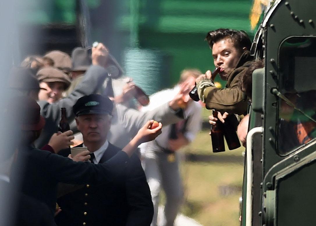Harry Styles filming Dunkirk at Swanage Railway station. Pictures: Finnbarr Webster