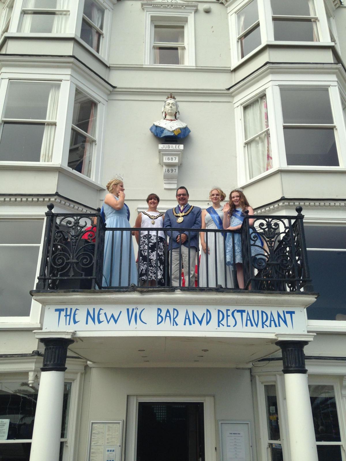 ROYALTY: Carnival queen and princesses join the mayor and his wife on the New Vic's balcony