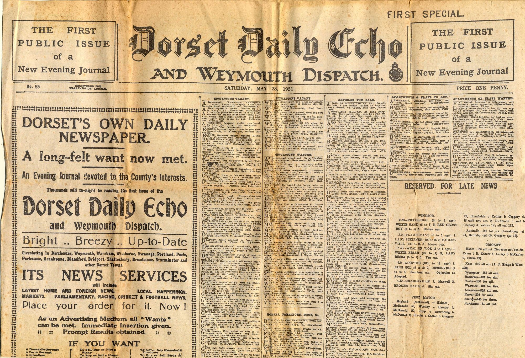 First edition of the Dorset Daily Echo and Weymouth Dispatch reported on the tragic death of Portland workman John ... - Dorset Echo