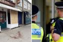 Blood spattered pavement and boarded up window following the fight in East Street, Bridport