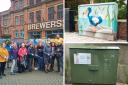 (Left) Weymouth and Portland Marine Litter Project, with Hope Square Flower Power, Youth On Boats and the residents of South Harbour. (Right) An example painted box and an Openreach box on St. Thomas Street that the group have permission to use.