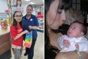 Honey is presented with a special birthday surprise at Tesco Dorchester and right, Honey as a baby with Vicky after being born outside Tesco