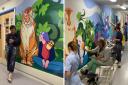 Marina with her new mural (left) and staff working on the mural at DCH (right)