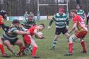 Dorchester's veteran prop Dave Cottell, red cap, scored a try at Sherborne