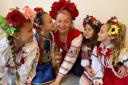 Oksana Papeta with some Ukrainian children in Dorchester