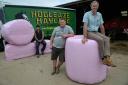 PRETTY IN PINK: Steve Kellaway, Scott Critchell and Chris Roberts with their pink hay bales