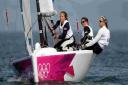 SAFE AND SECURE IN DORSET: Great Britain’s Ellott matchrace crew Lucy MacGregor, Annie Lush and Kate MacGregor during the Olympic quarter-final against Russia off Weymouth