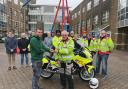 Dorchester Round Table Chairman William Grassby (Left) and Chairman of YFW Bloodbikes Andrew Wiley (Right) with members of the YFW group, round table and Chief Nurse Jo Howarth