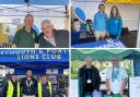 Clockwise from left: Alan Chambers with a volunteer at Tumbledown Farm, Maisy Squibb and Sophie Roberts of the Will Mackaness Trust, Jean-Paul Dervley and a volunteer from Weymouth Foodbank, Kevin Brooks, Ryan Hope and Trevor Stratton of the WP Lions