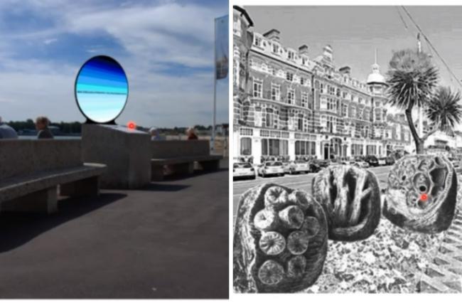 Interpretations of artwork to be installed on The Esplanade by Raphael Daden (left) and Ben Russell (right)