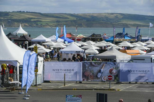 General view of the Nyetimber Dorset Seafood Festival in Weymouth where there were protests by Extinction Rebellion and PETA. 11th September 2021.  Picture Credit: Graham Hunt Photography.